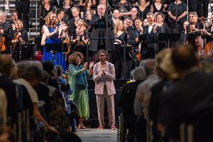 Gavin Higgins and Francesca Simon receiving applause at 'The Faerie Bride'