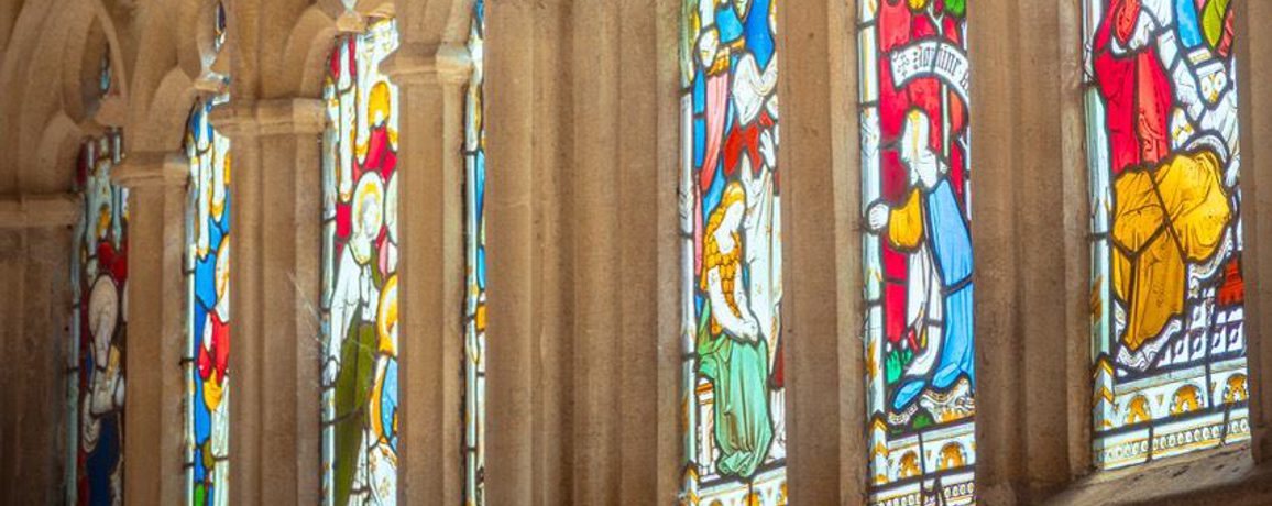 Colourful windows in Gloucester Cathedral Cloisters